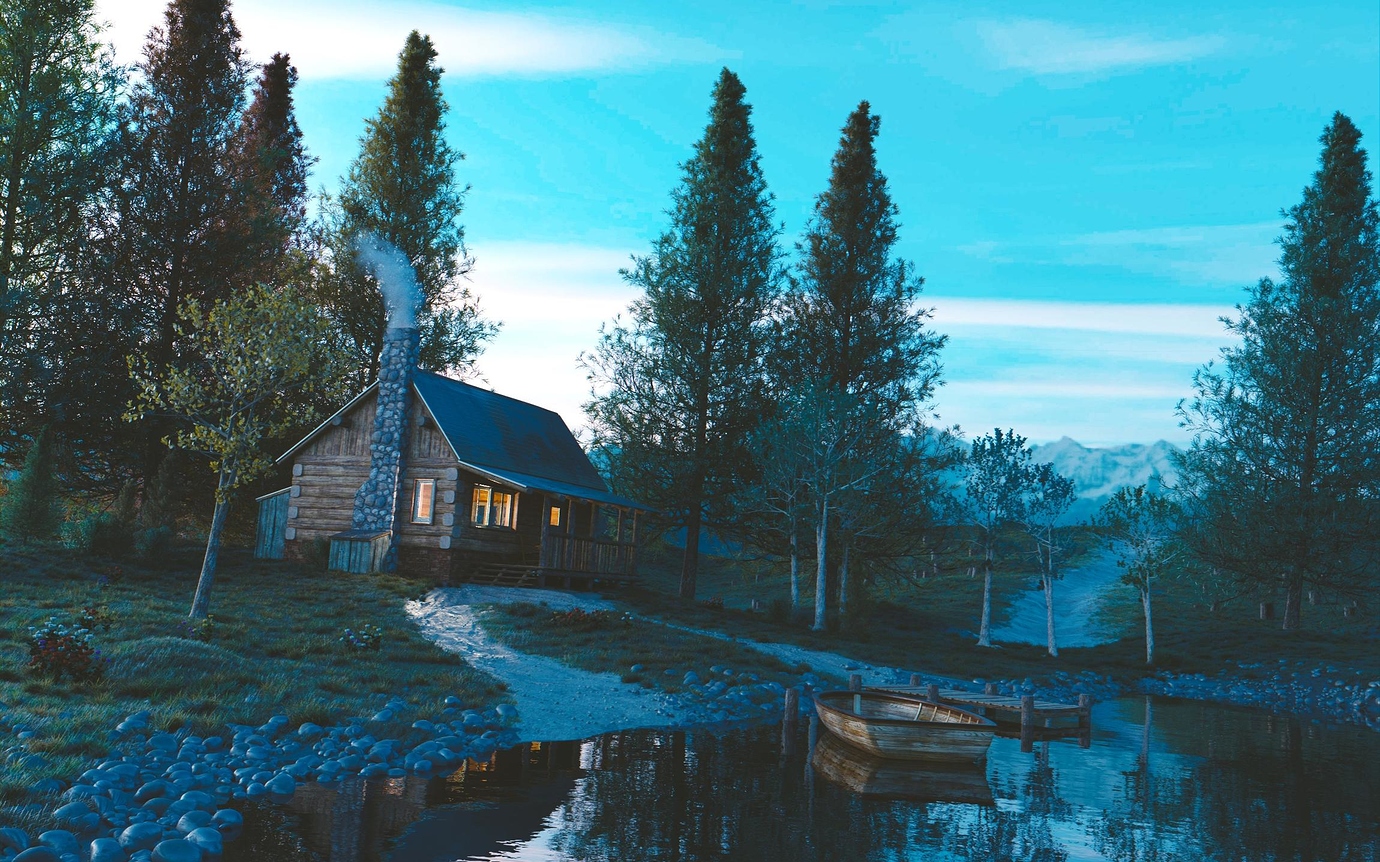 A rendering of a lake house